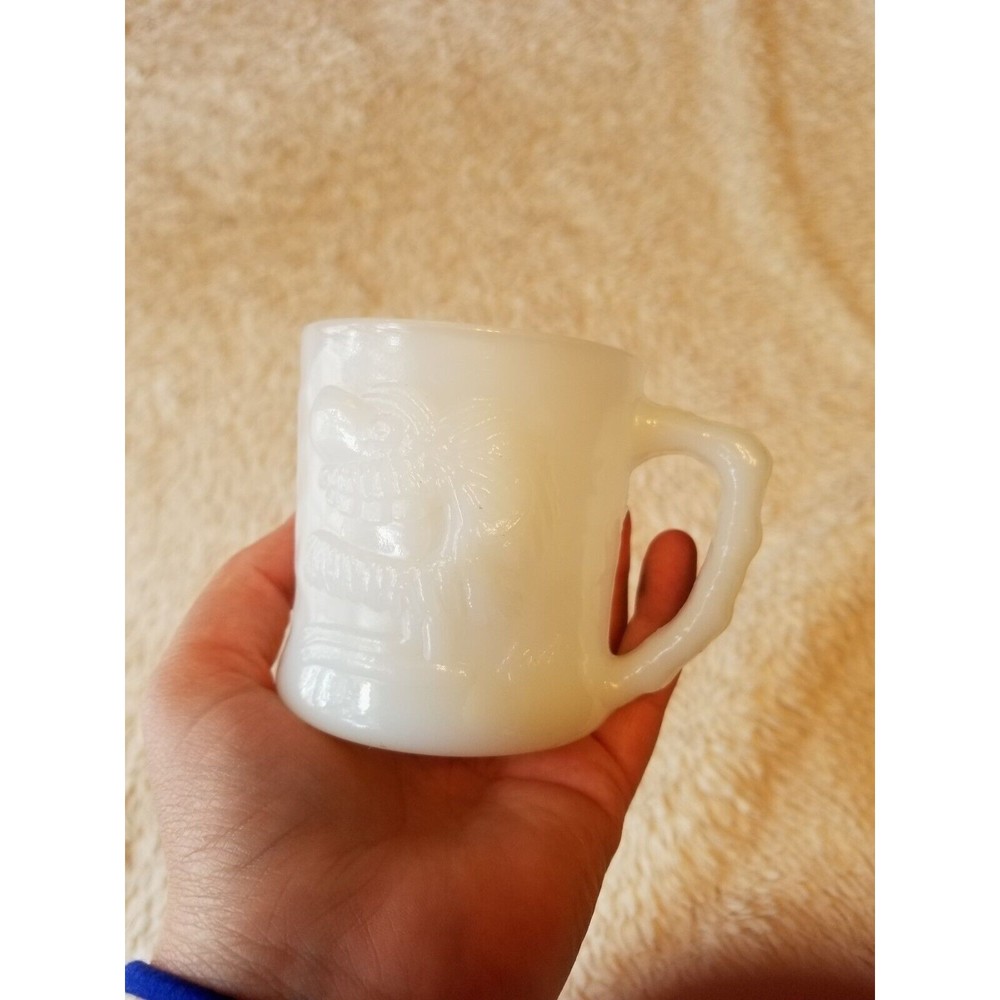 Vintage BC Comic Grog Fire King White Milk Glass Mug Cup